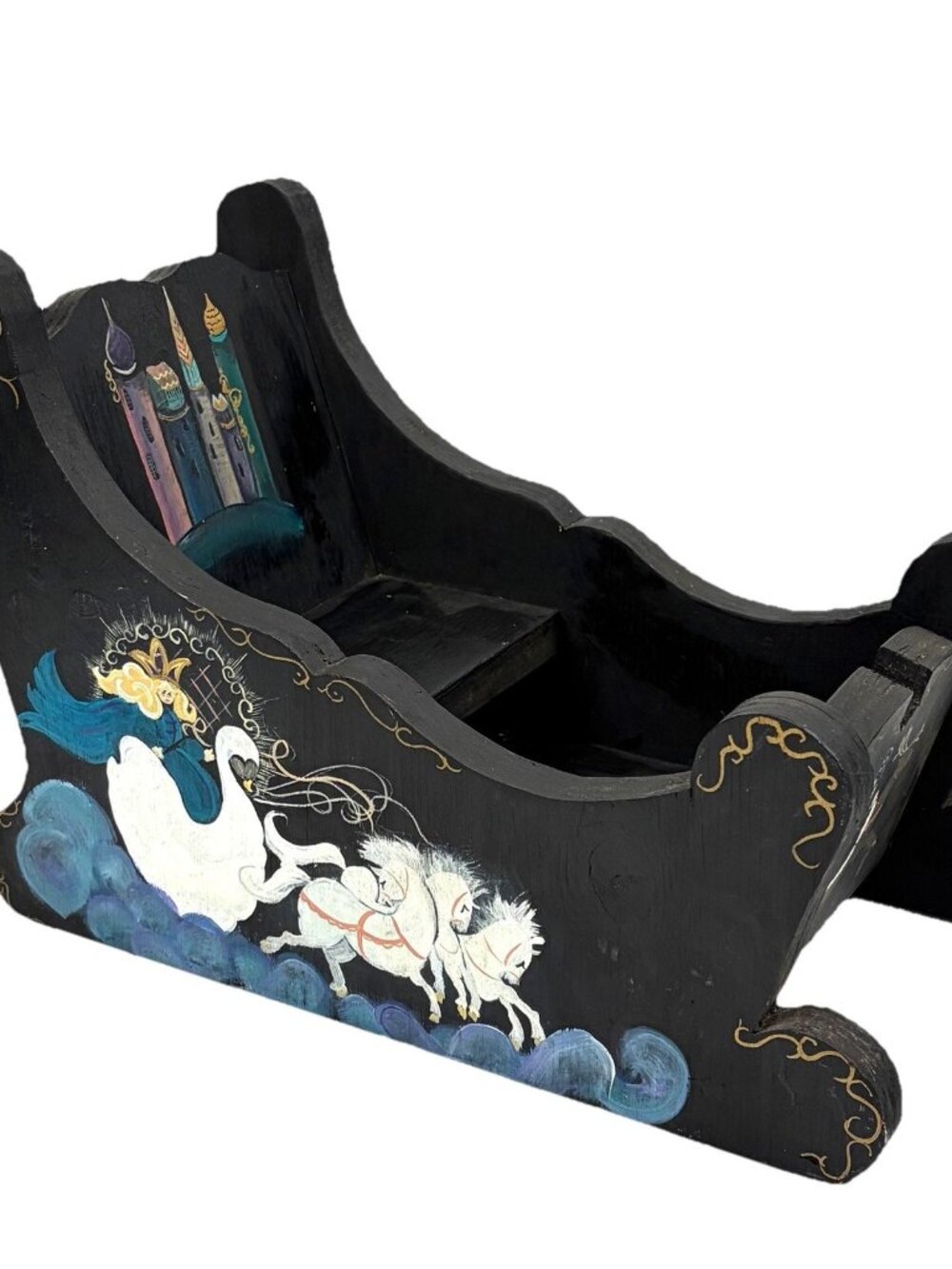 Russian Troyka Winter Snow Queen Wood Sled Vintage Hand Painted Folk Art Decor